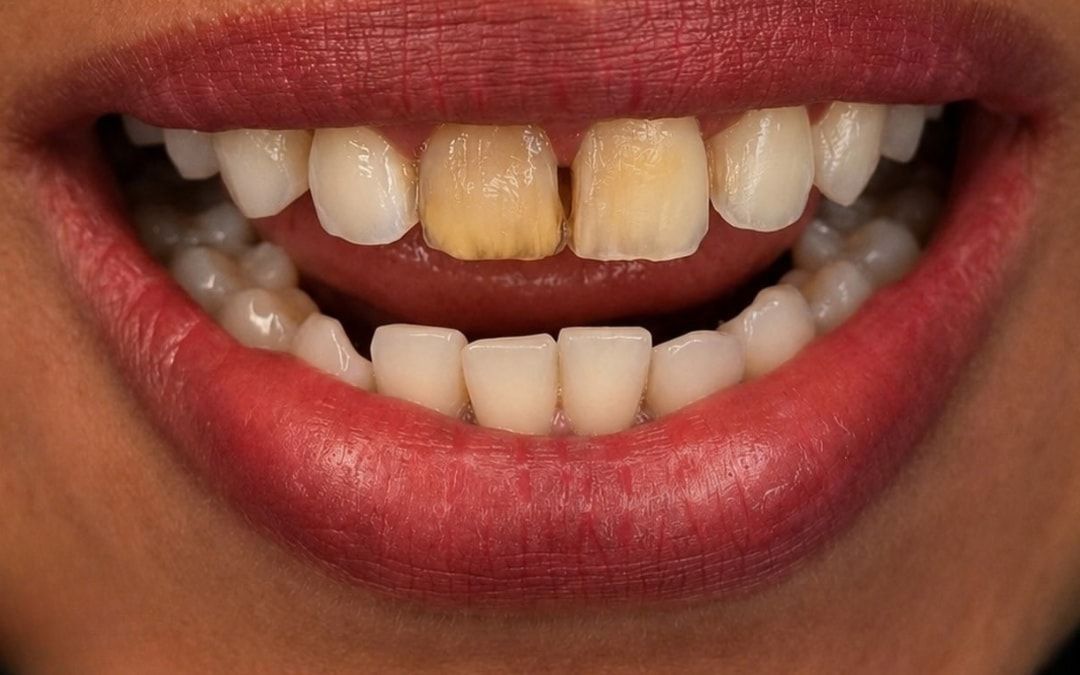Antes: sorriso de uma paciente, com os dentes da frente escurecidos e separados.