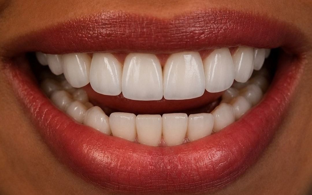 Depois: sorriso da mesma paciente, com facetas brancas nos dentes da frente.